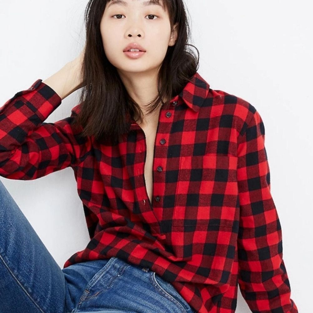 ☆ Madewell Buffalo Check Red Black Long Sleeve Flannel Popover Shirt M Medium ☆